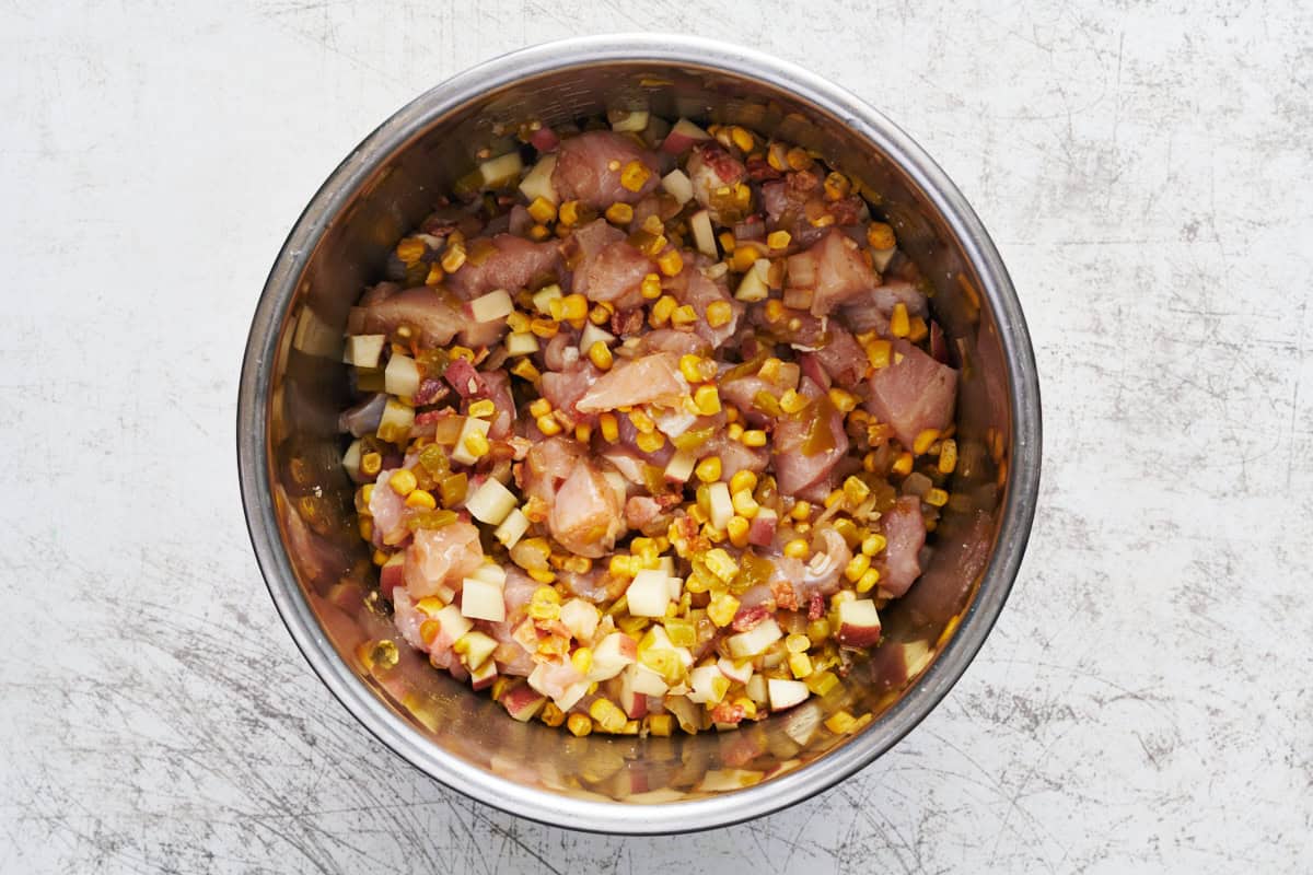 the Instant Pot bowl filled with ingredients ready to cook