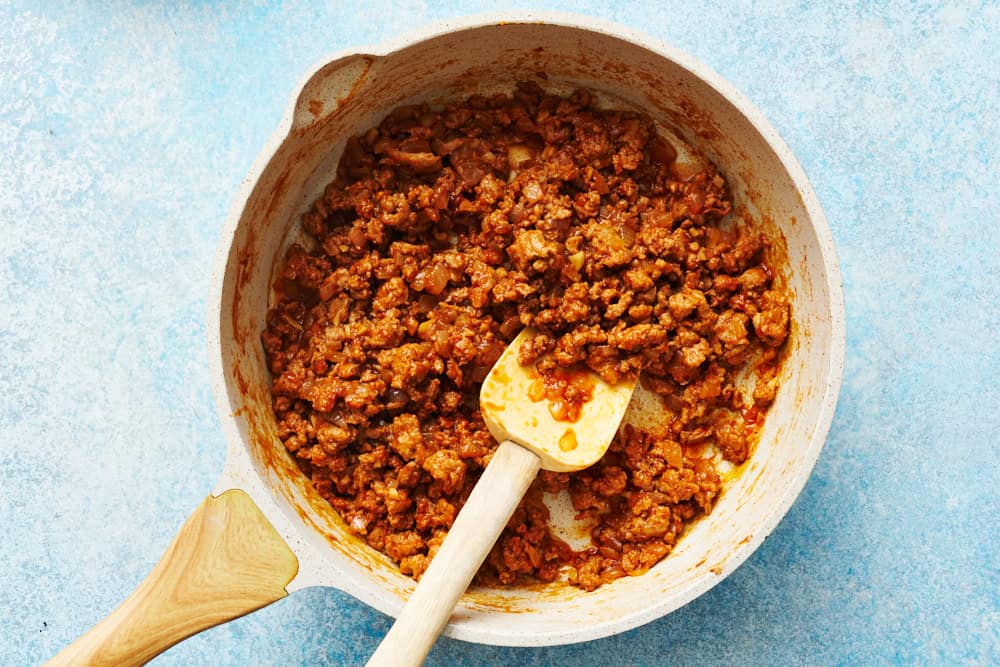 ground chicken sloppy joes in a skillet ready to be served