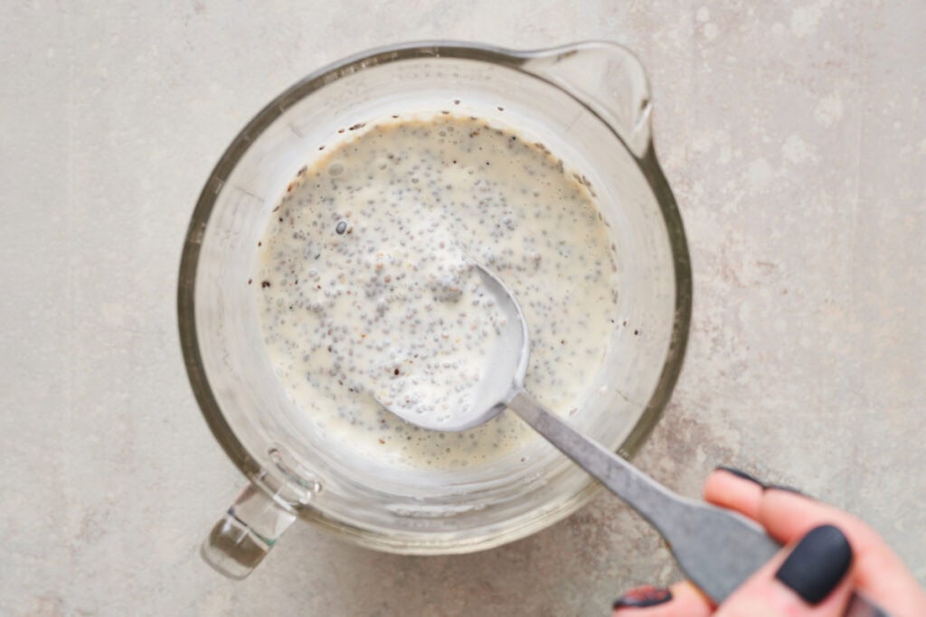 stirring up the chia seeds with the wet ingredients