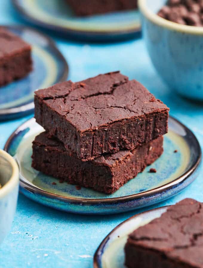 black bean brownies on a blue plate