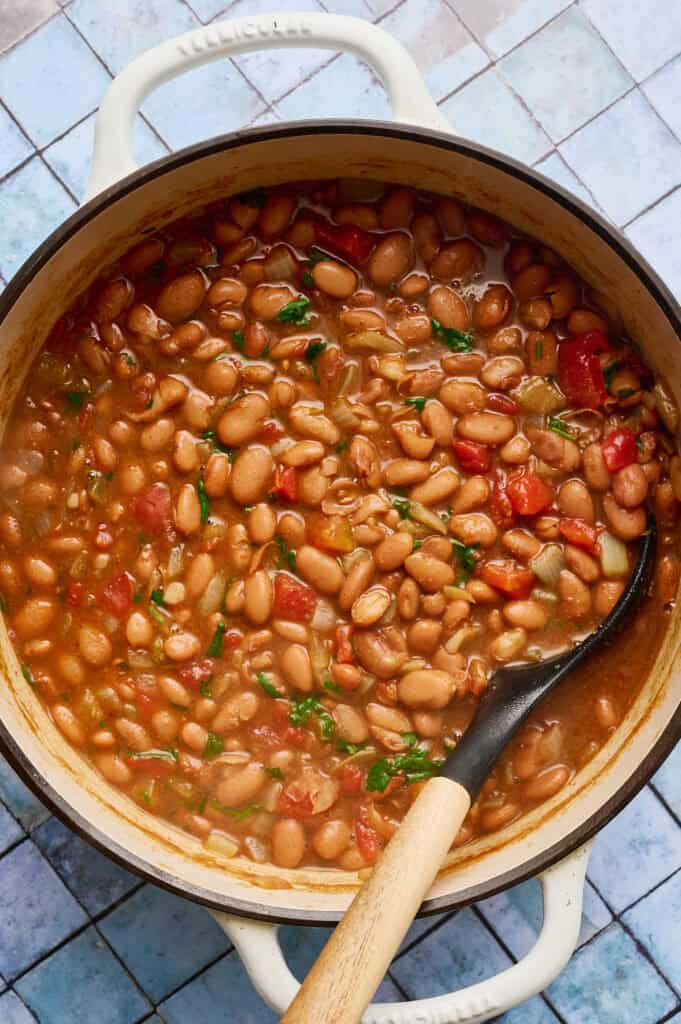 vegetarian charro beans ready to be served in a pot