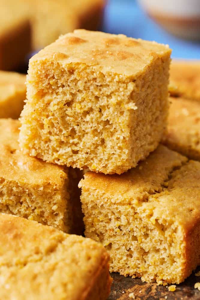 closeup of sliced cornbread