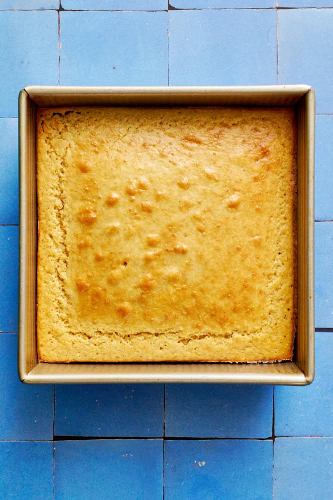 sourdough cornbread in a pan after baking in the oven