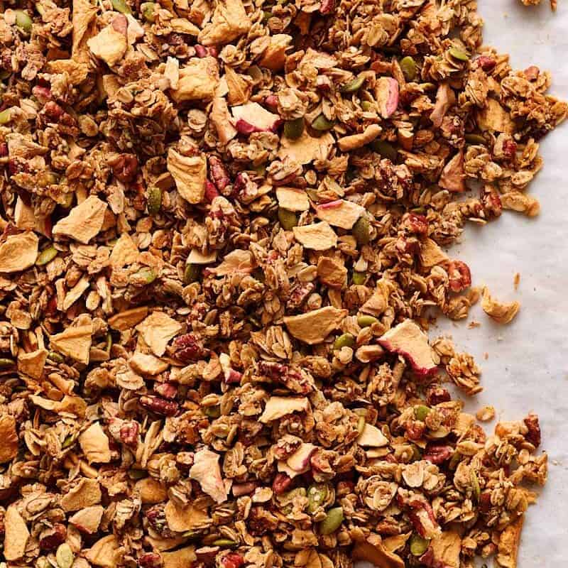 closeup of granola on parchment paper