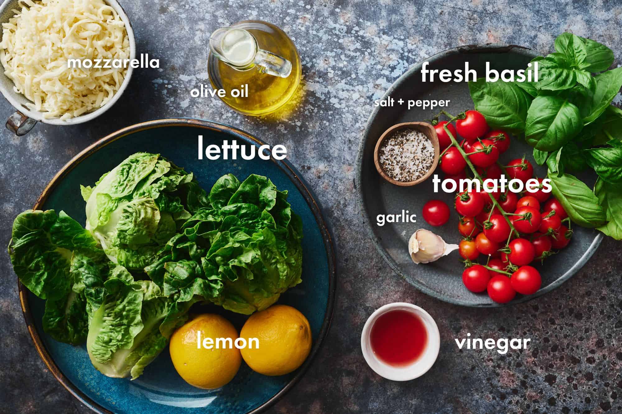 the ingredients for the recipe laid out on a countertop including tomatoes, basil, garlic, vinegar, lemon, lettuce, oil, and mozzarella cheese