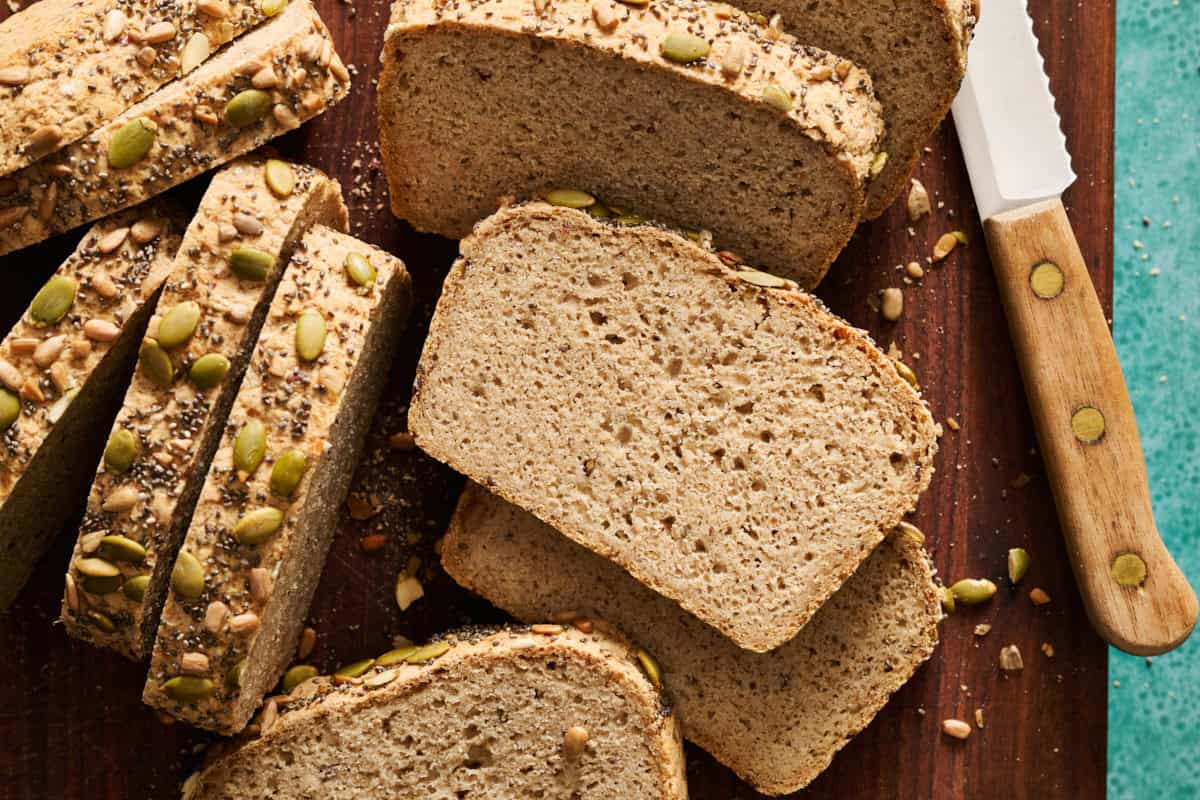 overhead view of slices of sorghum bread on a cutting board