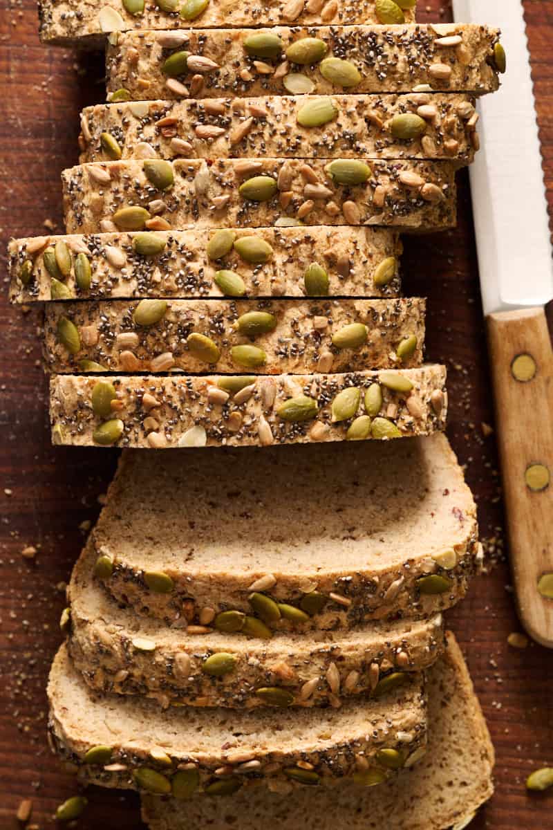 overhead view of slices of sorghum bread on a cutting board