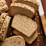 overhead view of slices of sorghum bread on a cutting board