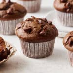 sourdough discard chocolate muffins on a countertop