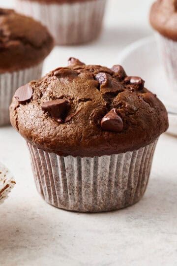 sourdough discard chocolate muffins on a countertop