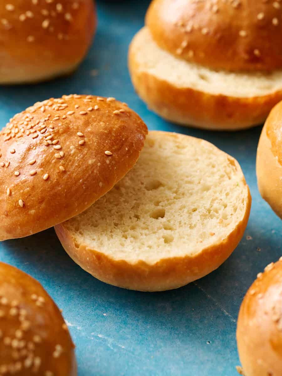 a hamburger bun sliced in half