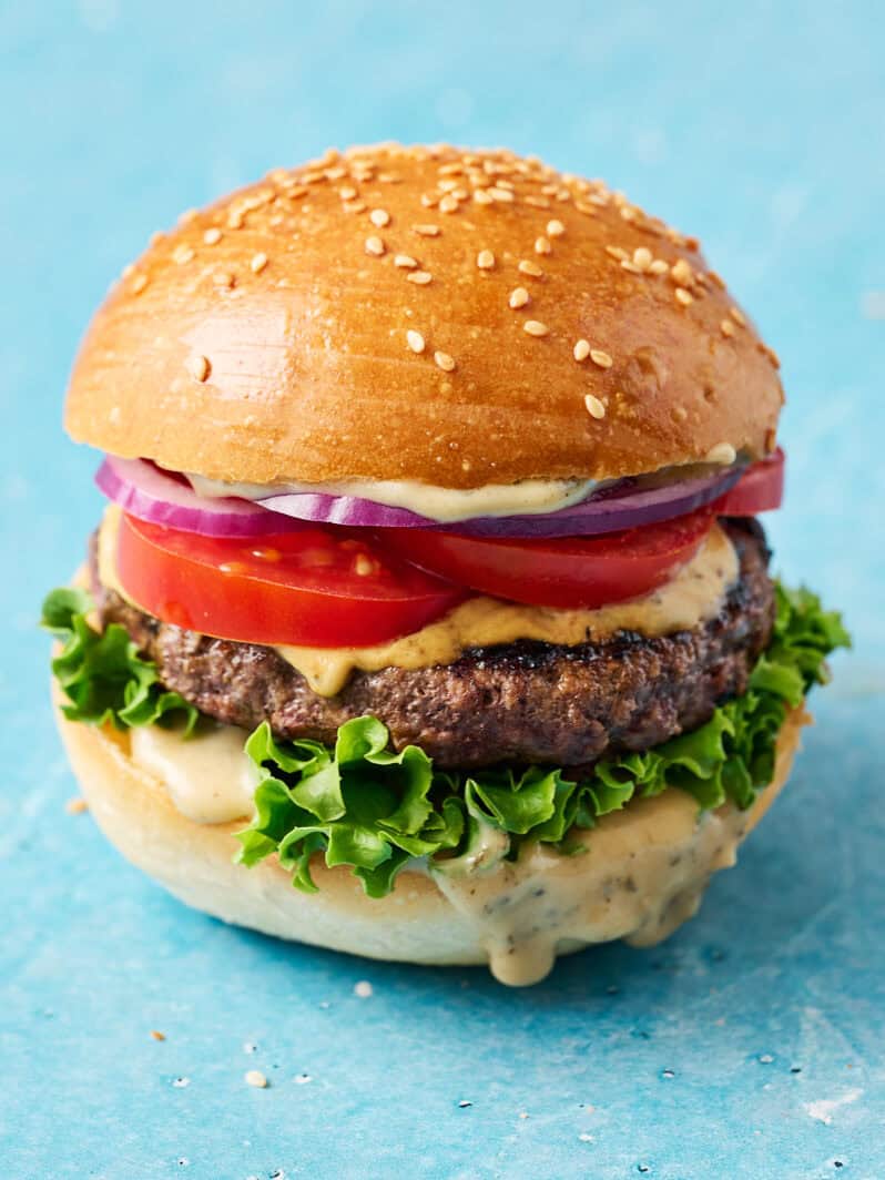 a hamburger with a homemade sourdough bun