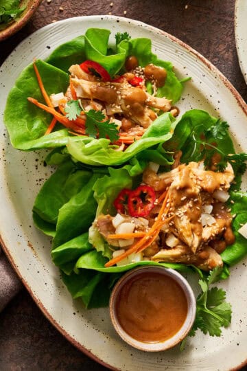 Overhead view of a plate filled with chicken lettuce wraps with extra peanut sauce on the side