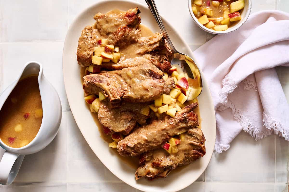 Slow Cooker Country Style Pork Ribs with Apple Gravy on a serving platter