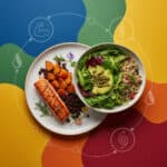 two plates of food on a colorful background