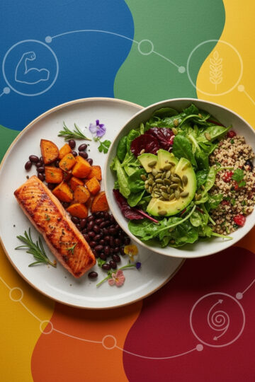 two plates of food on a colorful background