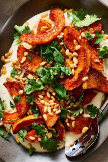 plated roasted squash with whipped ricotta and cilantro and pine nuts on the side