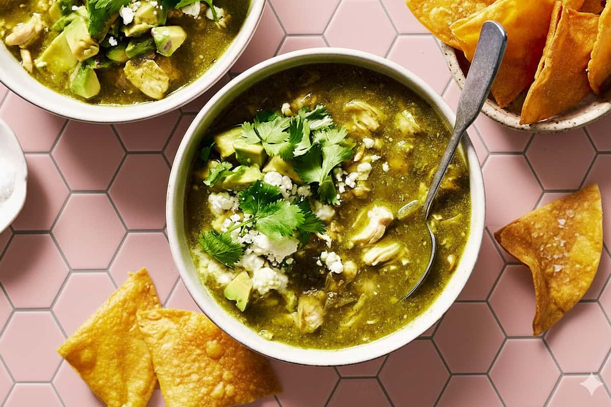 bowl of chile verde with chicken, cilantro and avocado with chips on the side