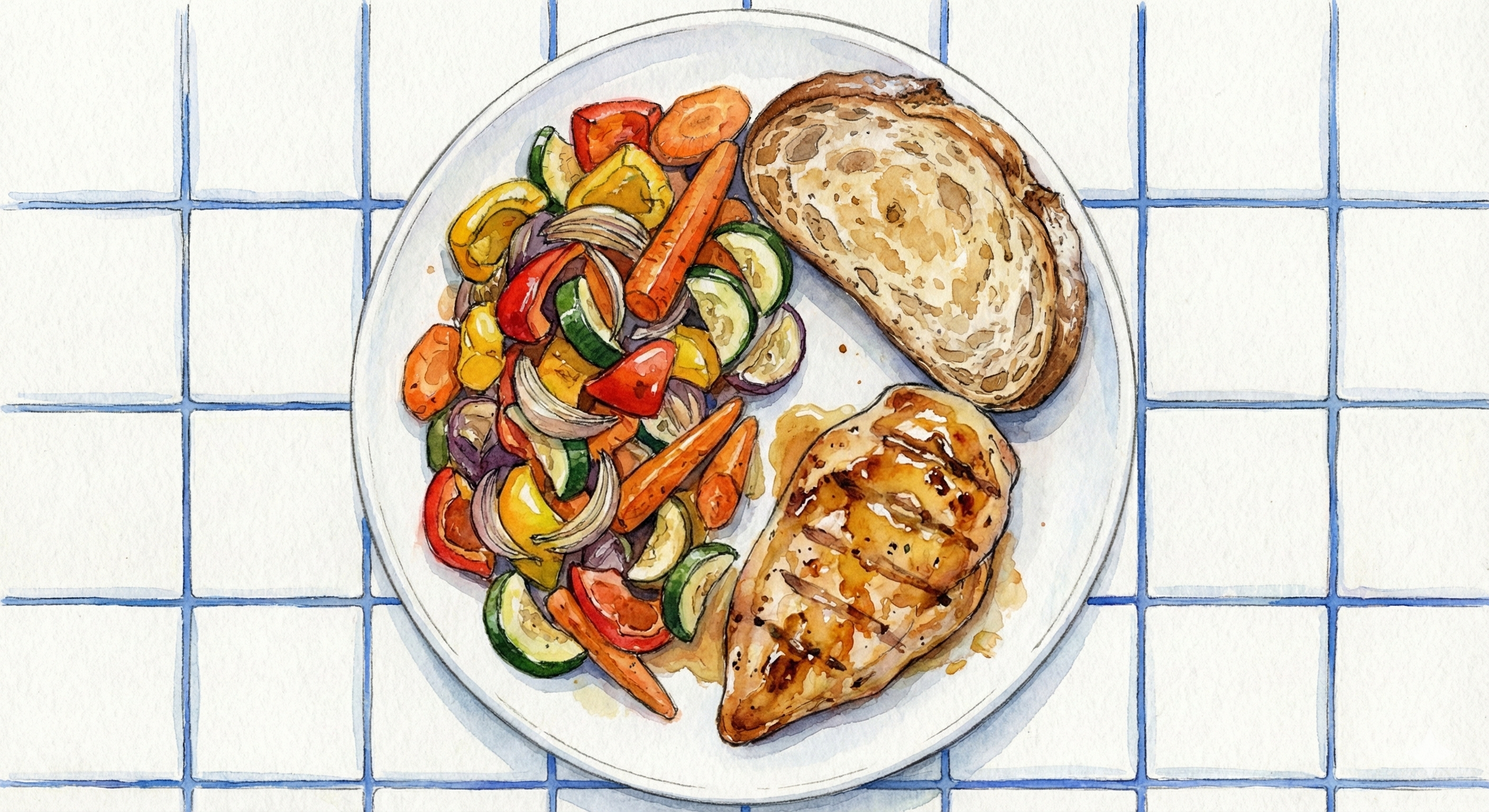 a plate of food with vegetables, bread and chicken