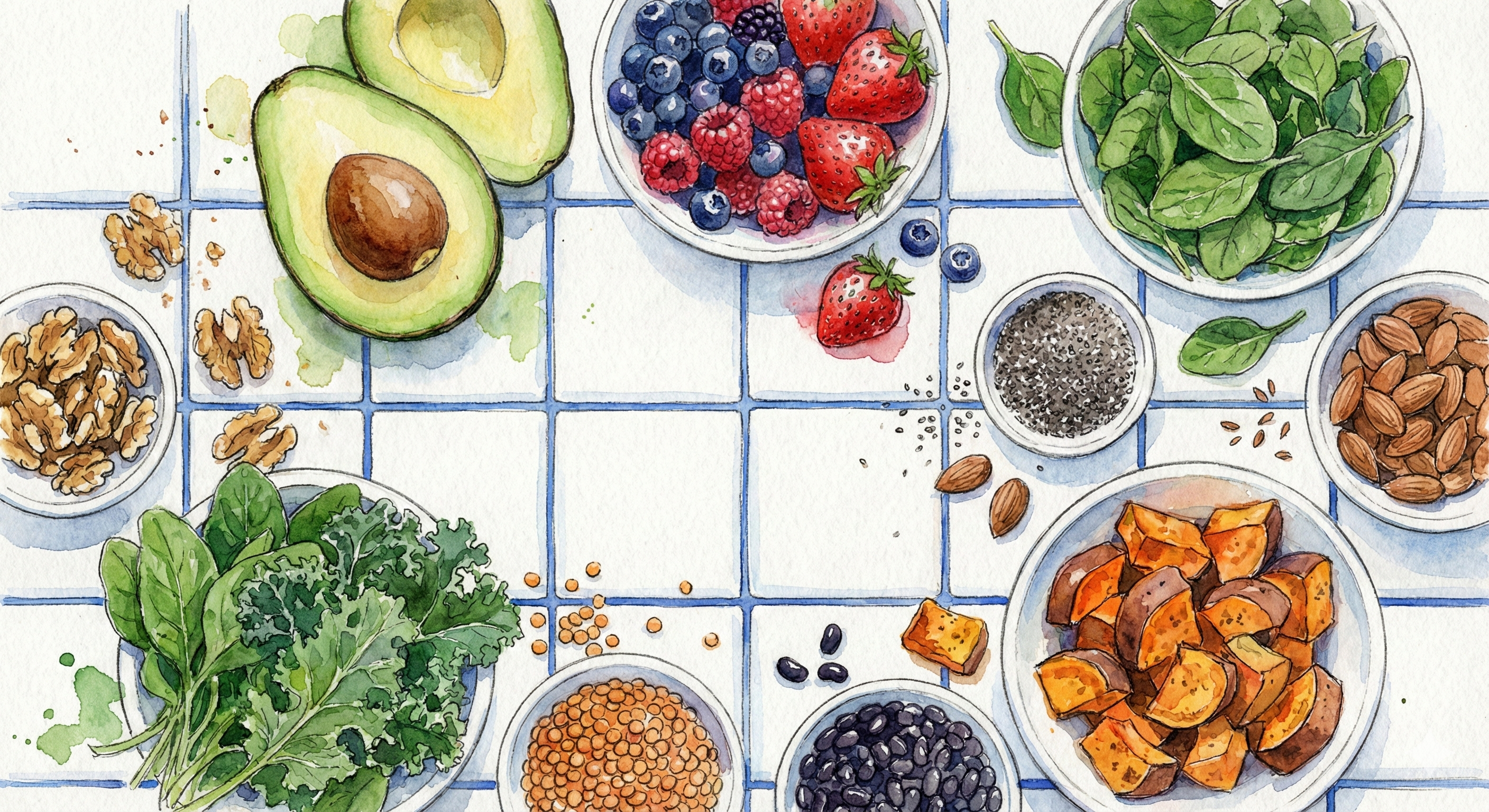 assorted foods on a tile surface including berries, avocado, greens and seeds