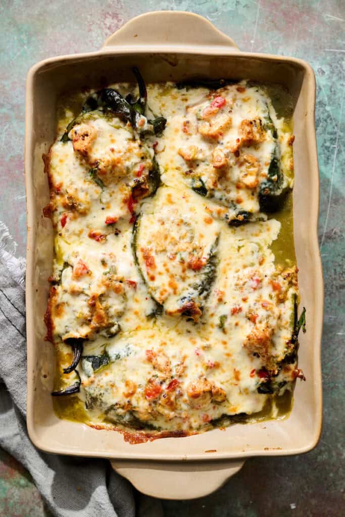 chicken stuffed poblano peppers right out of the oven