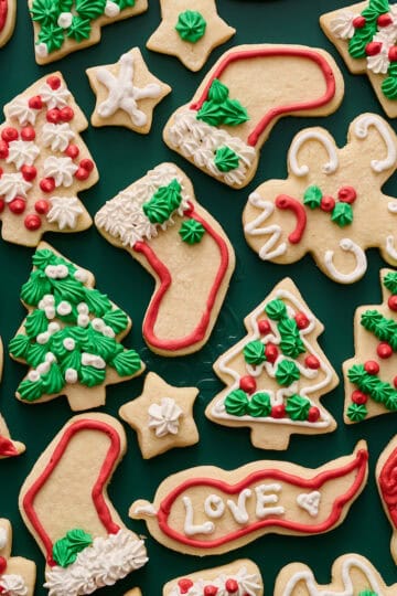 cookies decorated with royal icing in red, green and white
