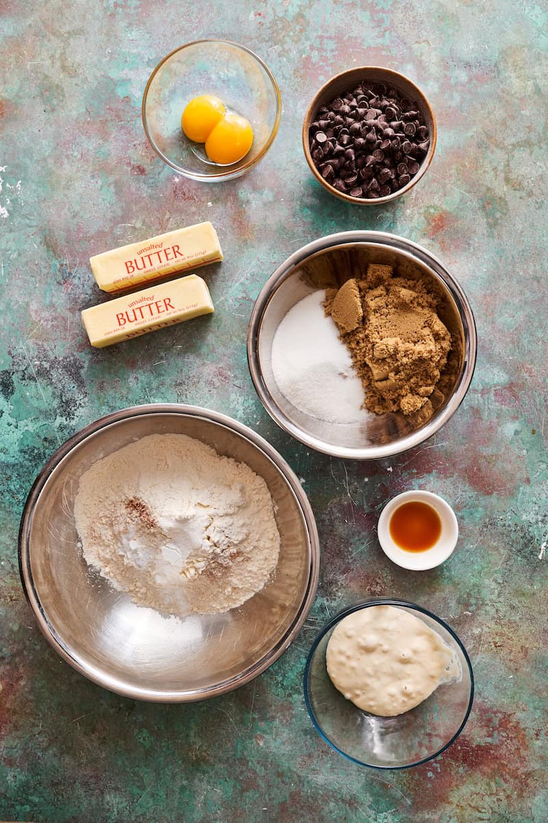 ingredients for making sourdough discard chocolate chip cookies