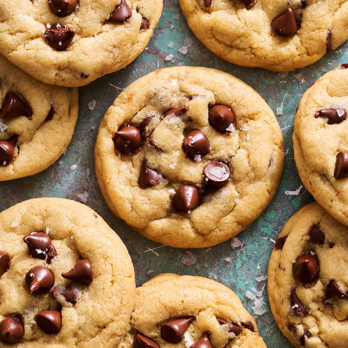 sourdough chocolate chip cookies on a surface