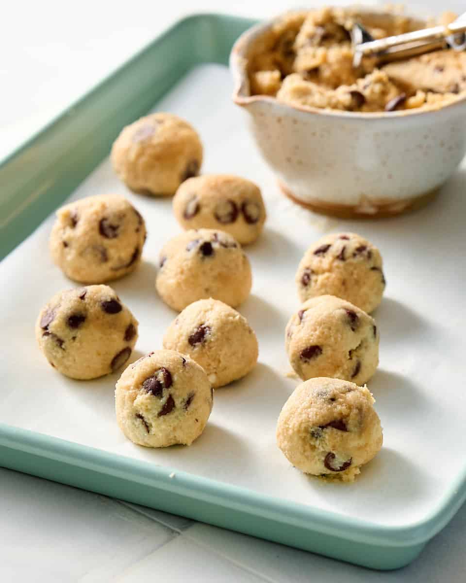 cottage cheese cookie dough scooped into balls for cookie dough bites