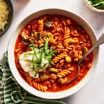 bowl of soup with pasta and ricotta cheese
