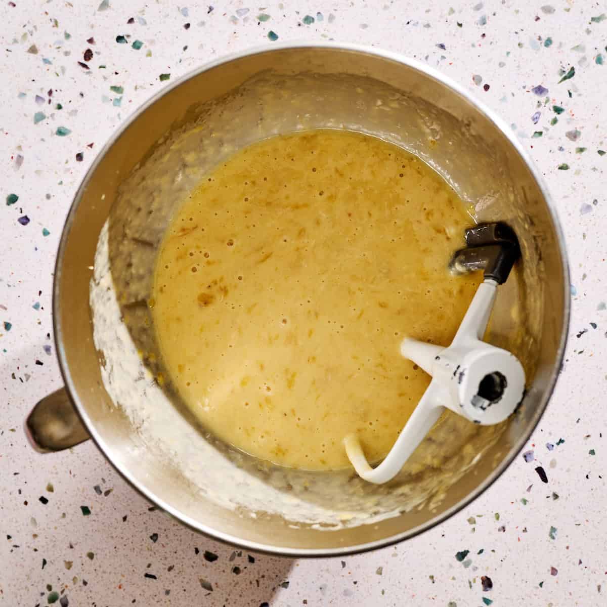 wet ingredients combined in a large mixing bowl